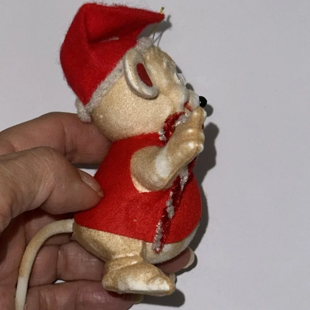 Vintage Flocked Plastic Mouse Christmas Tree Ornament/ Red Outfit & Candy Cane‎
